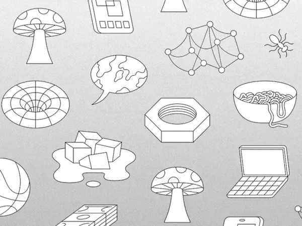 Black and white graphic rendering of diverse objects and concepts arranged in a loose grid