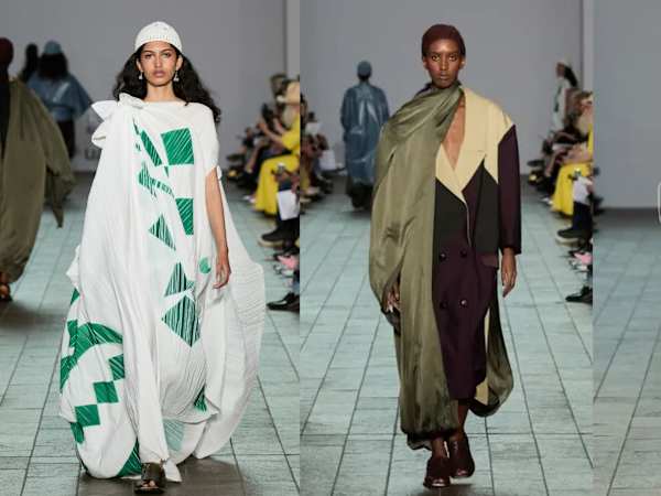 A collage of 3 portrait shots of models in loose draped garments on the runway. One model is in a wheelchair, the others are walking.