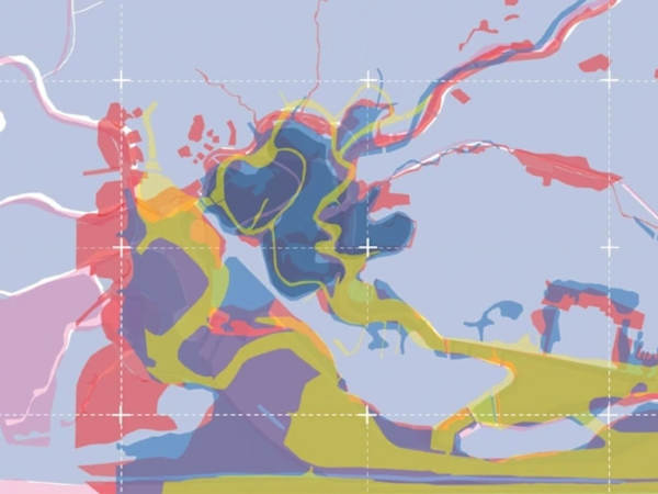 A map of Recife, Brazil plotting historical geographical and data from 1859 to now via different layers of coloured lines and shaded areas