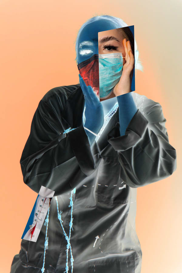 A fashion image. The person has their hands to their face. Their face is a collage of different images. There is a warm peach background and the body of the person is grey and been treated to look like an x-ray. 