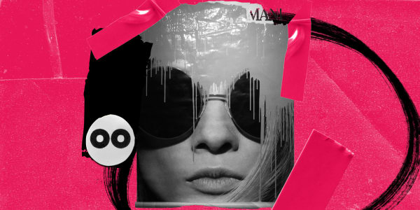 A collaged image with a pink background featuring a collage of a poster wirh paint dripping from the top