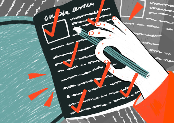 Illustration of a hand writing on a notepad