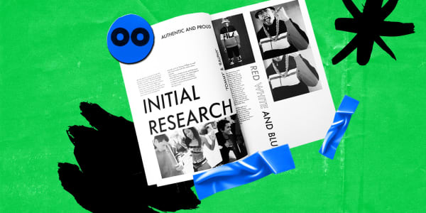 A collaged image with a green background featuring a magazine spread. 