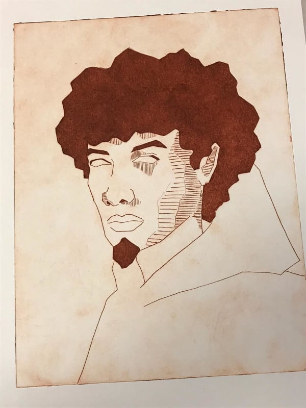 A line drawing of a person with the hair, goatee beard and eyebrows coloured as solid brown hue. It could be a print. 