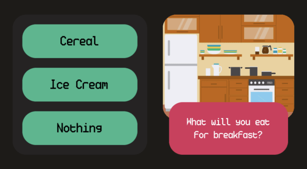 Screen of a game showing a kitchen and option for what to eat.