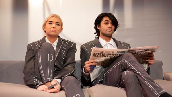 Actress and actor performing in a play called Ad Nauseam as part of the BA Theatre Design new directions project with the Lyric Theatre.