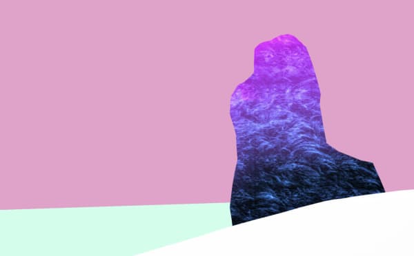 Game showing a pinky, green and white landscape with an abstract shape.