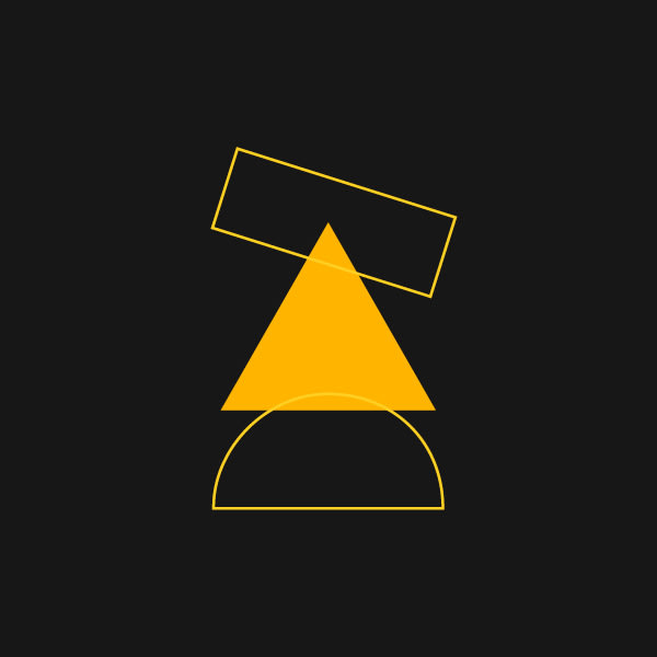3 yellow shapes on a black background. The top is a rectangle, middle is a triangle and the bottom is a half moon shape. 