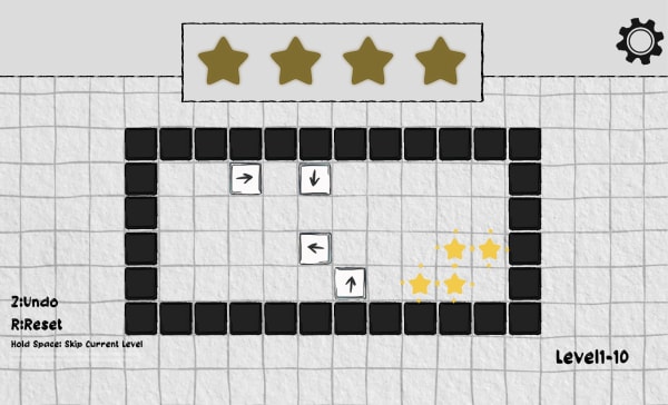 Game visuals showing a series of squares with gold stars.
