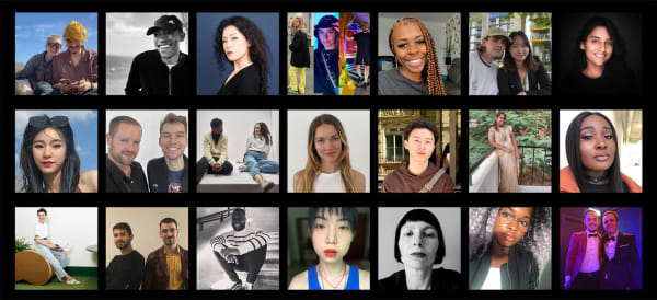 A collage showing multiple portrait images and selfies of students. 