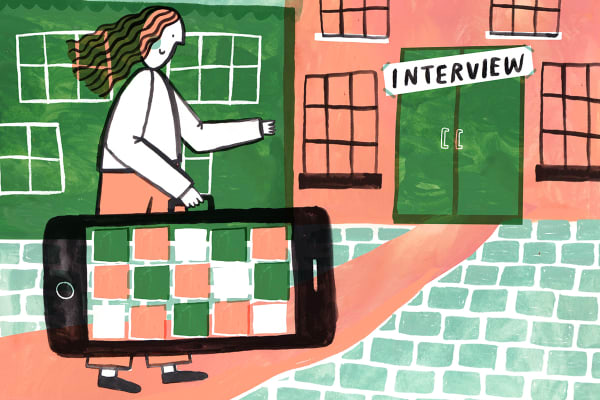 Illustration of a woman carrying a portfolio to an interview