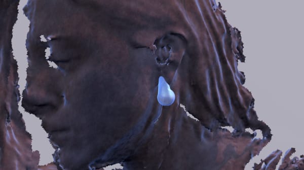 Glitchy computer-generated image of a head in profile. 