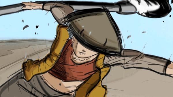 A character running forward holding a long object in their hand.