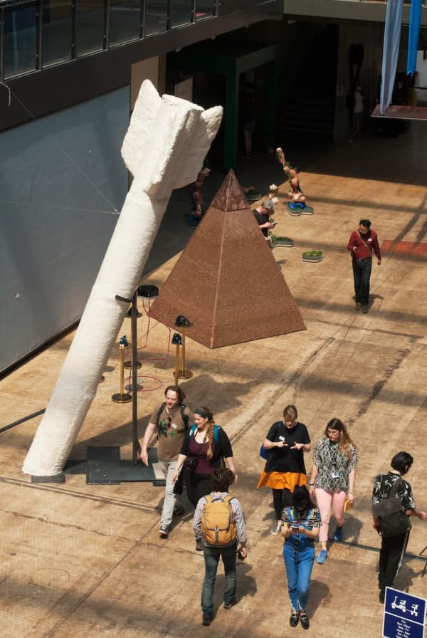 Large missile embedded in floor