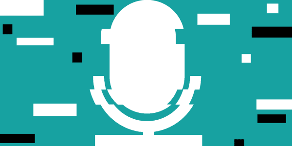 a white recording microphone on a light blue background with decorative patterns