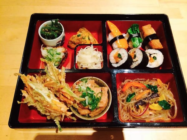 A filled bento box on a table