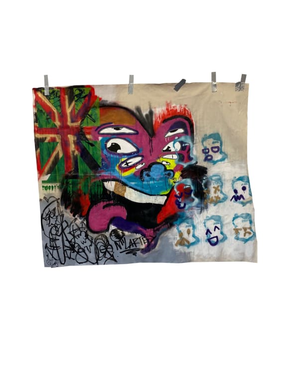 Artwork with stylised face painted across