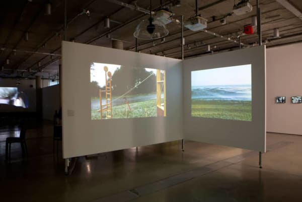Two images showing a green landscape projected side by side