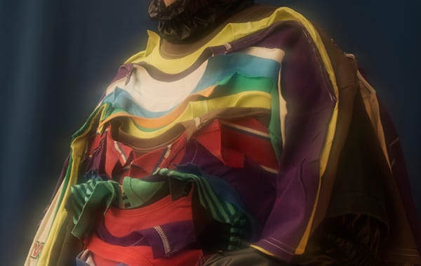 Detail of a garment which is made up of a number of tops overlapping