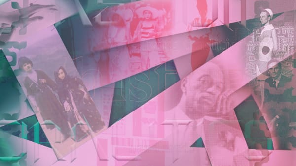 A selection of photographs depicting fashion history with a pink filter