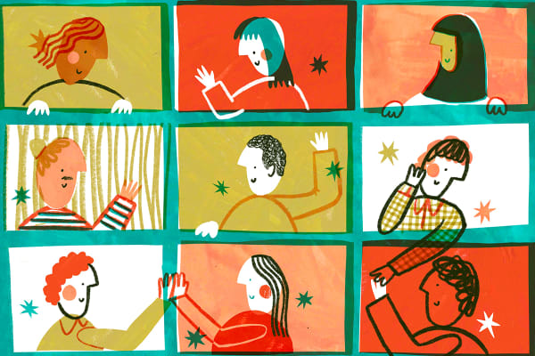 Illustration of 9 boxes, each showing head and shoulders of a smiling person waving or reaching out to their neighbour