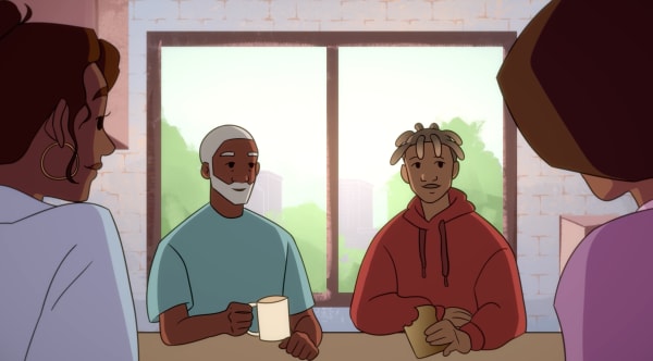 An older and a younger man sit at a table opposite two women; there is a window behind them showing trees and buildings.