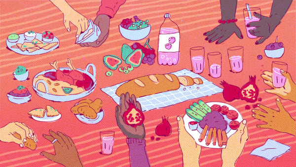 A bright coloured illustration of a picnic blanket with many items of food spread over it such as pink lemonade, fruits and bread. Food is being shared across many hands.