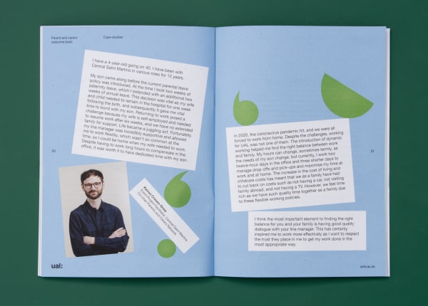 A spread from the parent and carers booklet designed the UAL creative team. It features an interview with a staff member as well as a portrait of this staff member.