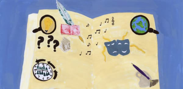 An illustration of an open book with illustrated pages