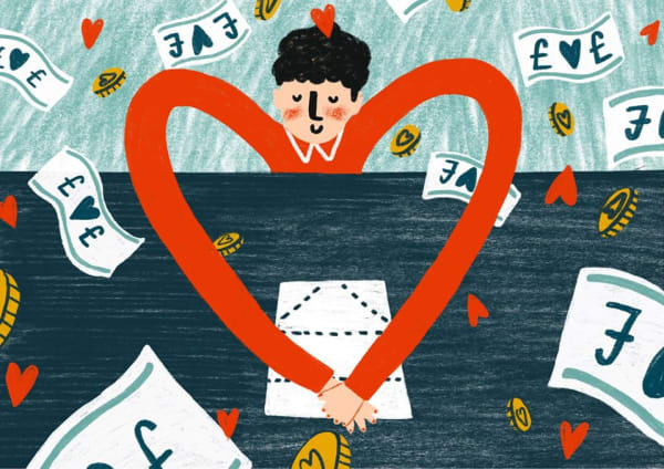 An illustration of somebody working at a desk who's arms meet to form a heart.