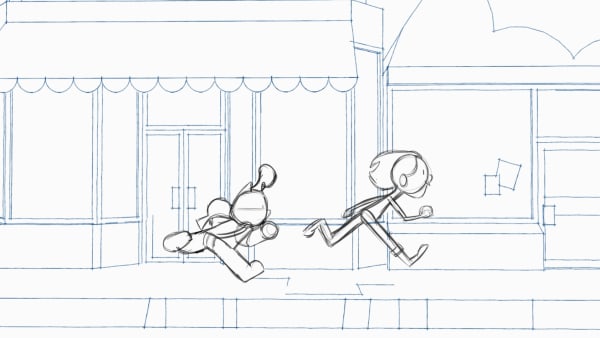 Screenshot from test animation of stick men running on a street