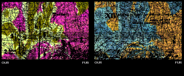 Colourful pixels, organised in two squares