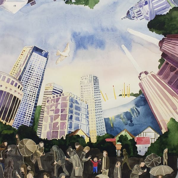 Illustration looking up at the sky of skyscrapers, lined by a crowd