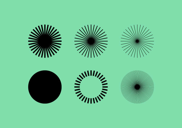 Six different black radials on top of a bright green background