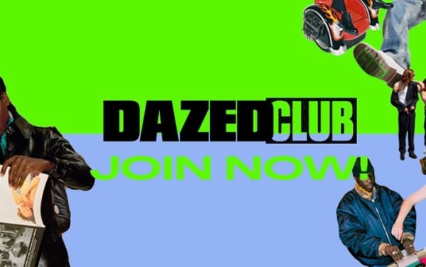 Colourful graphic with cutout style image overlays of young people talking and looking in magazines. Central text overlay: 'Dazed Club: Join Now'