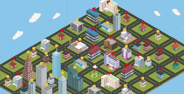 screenshot of game which is divided into squares with different buildings on them