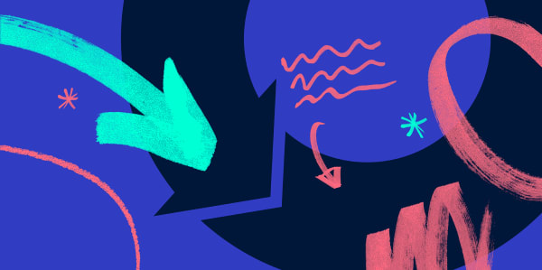 A series of pastel and neon shapes, arrows and squiggles on a purple background