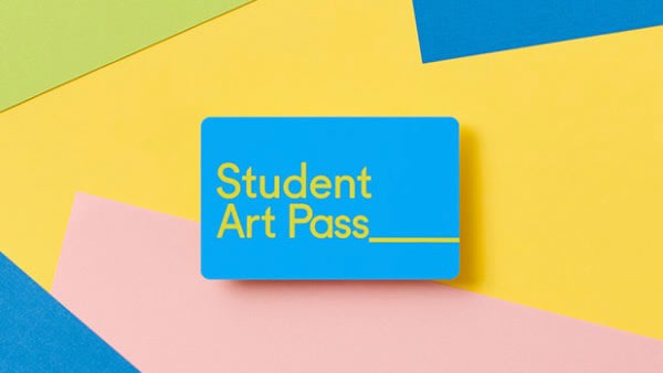 Colourful graphic with blue square with text overlay: 'Student Art Pass'