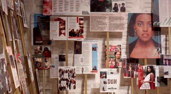 Gallery with placards made out of magazines