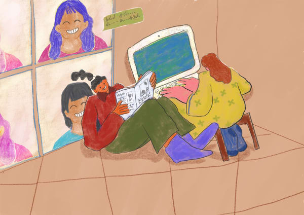 An illustration of two people working on computers