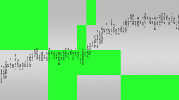 Green and silver exhibition design with text overlaid.