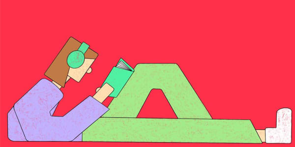 Illustration of a person sitting on the floor, reading a book and wearing headphones.