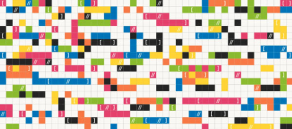 A crossword style illustration where the blocks are randomly filled in with colours and punctuation symbols.