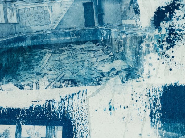 Blue and white ink and print on paper