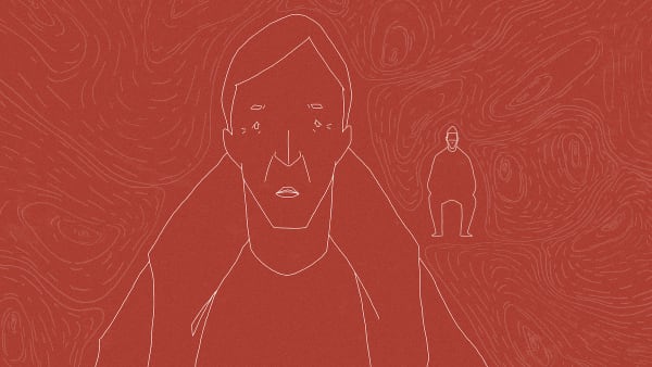 White line work animation of two male figures on a red background