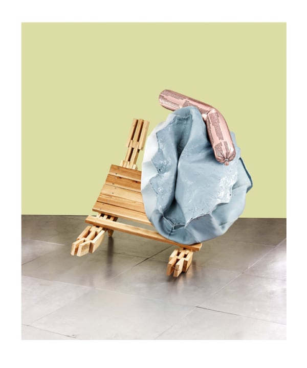 Sculpture made of wood and blue plastic