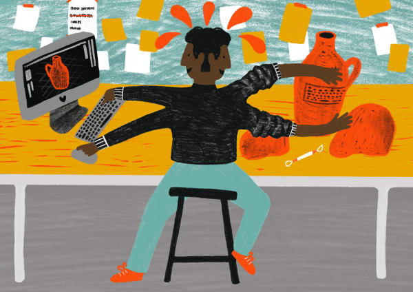 Illustration of a person working on a computer and creating a sculpture of a water carrier jug a the same time.