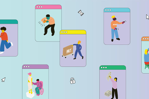 Illustration of small figures pictured doing creative work within social media posts.