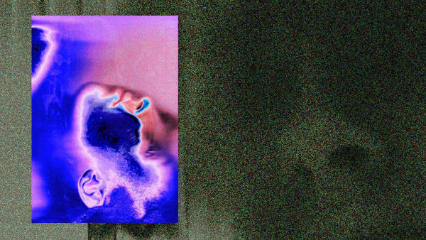 Two images of faces with distorted colours and pixellated