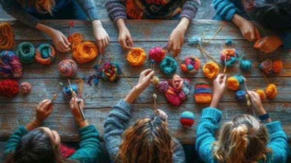 aerial view of people round a table knitting